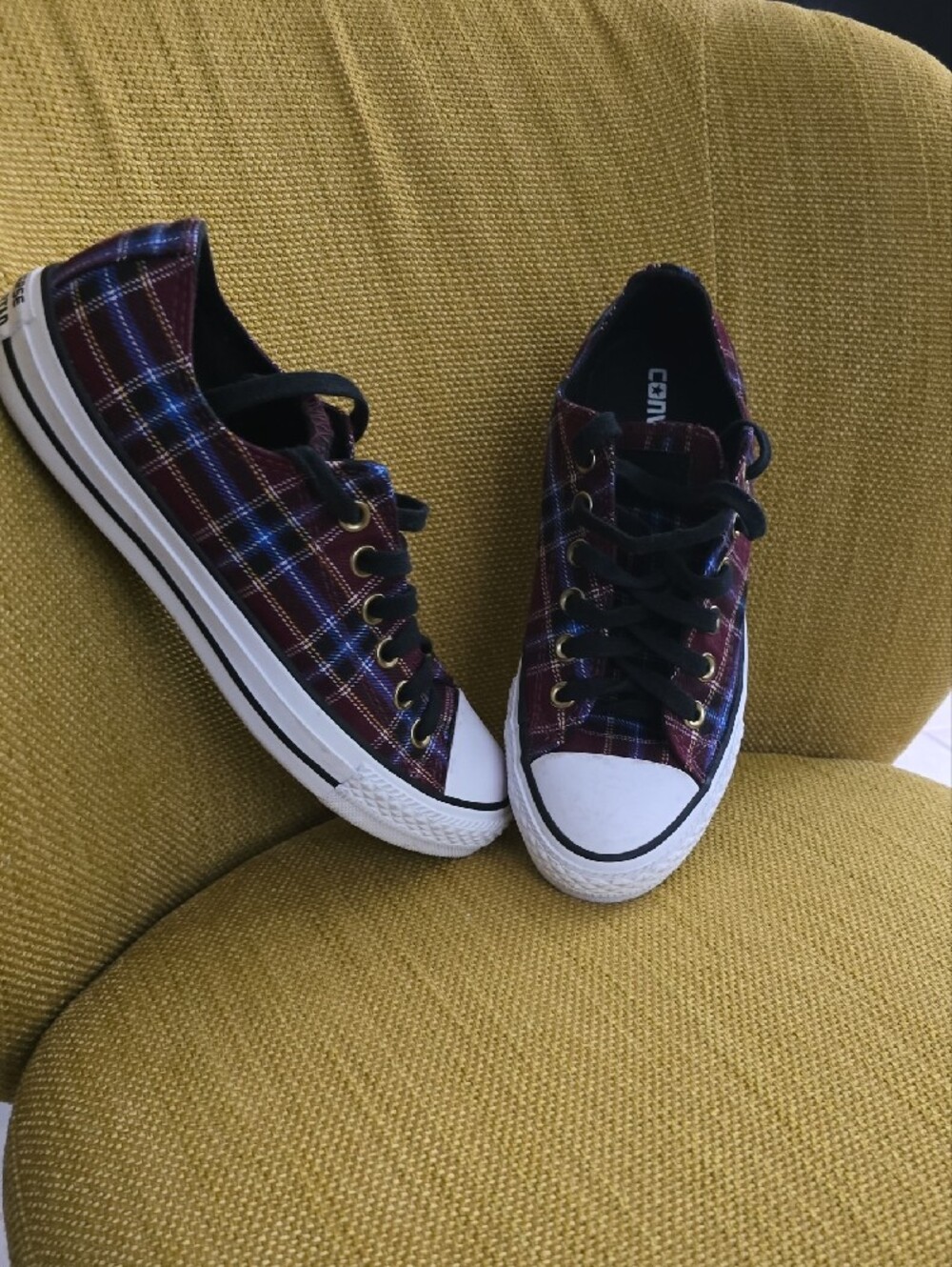 Converse Plaid Low Top Sneakers in Burgundy, Blue, Black - Picture 7 of 8